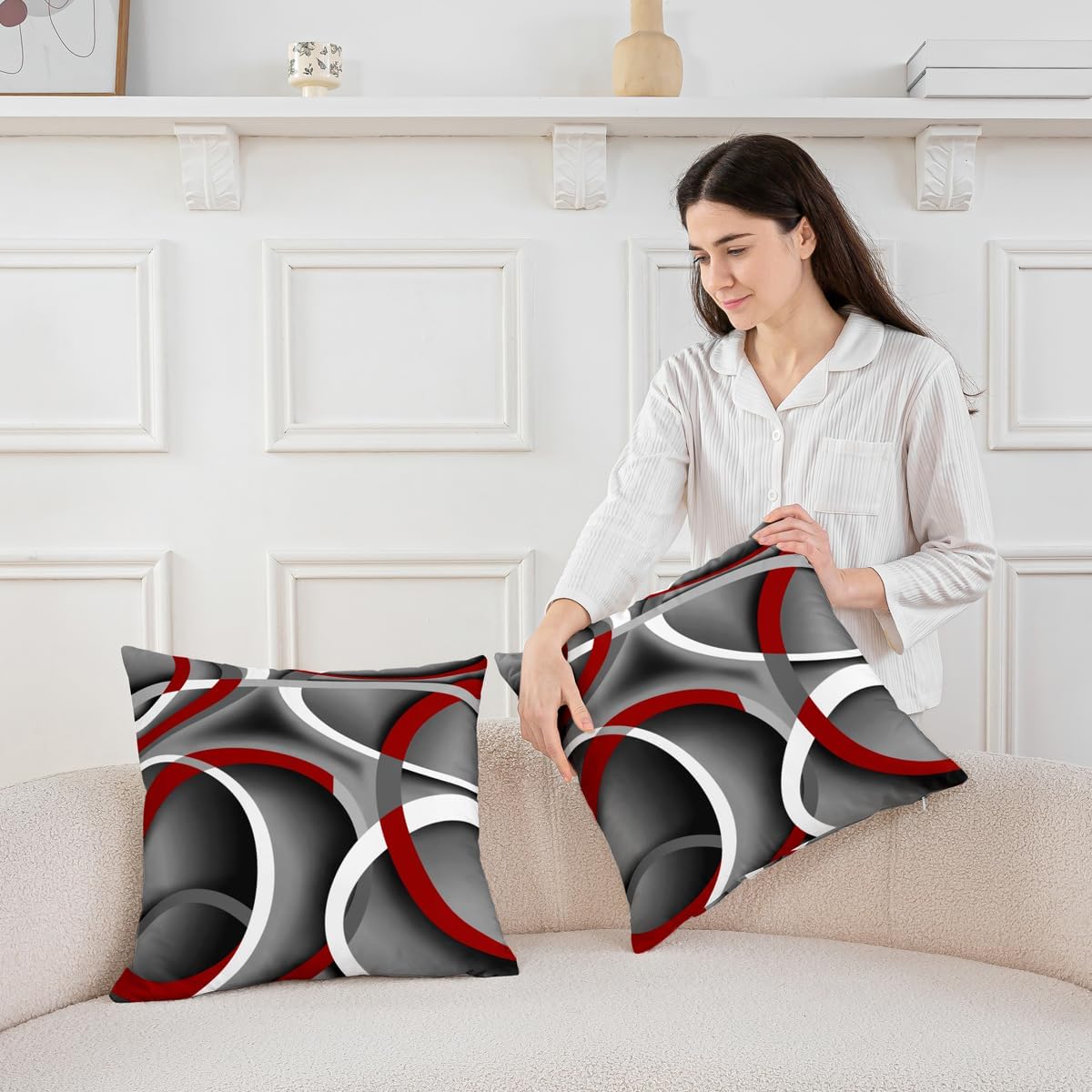 Modern Geometric Lines Double Sides Print Pillow Covers,Gray Black Red Swirls Pillowcases Soft Square Cushion Cases 24"x 24",Modern Abstract Throw Pillow Covers for Living Room Decor Set of 2