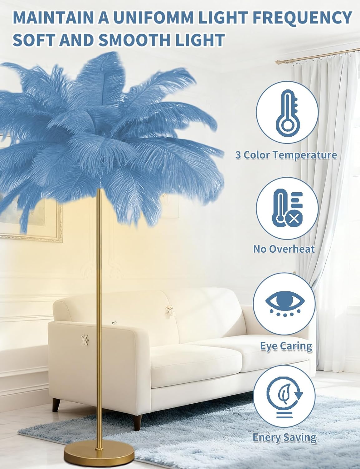 Feather Floor Lamp,Fluffy Ostrich Feather Floor Lamp for Bedroom,3 Color Temperatures Led Corner Modern Floor Lamps for Living Room Christmas Home Decor House Warming Gifts,63″ Height (Light Blue)
