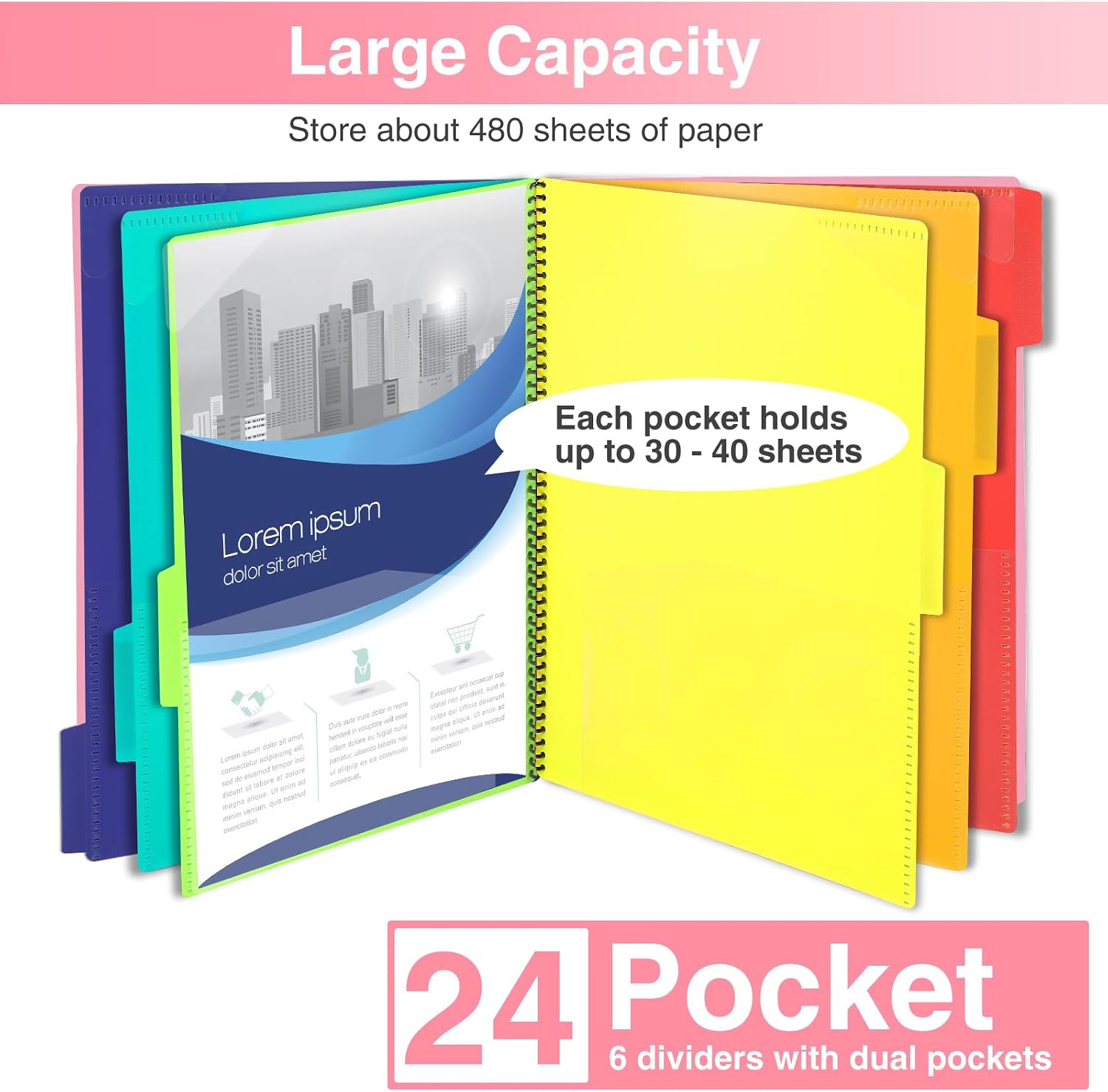 Forvencer 24 Pocket Project Organizer, 1/3-cut Tab Binder Organizer with Sticky Labels, Multi Pocket Folder with Zipper Pouch, Folder Binder Spiral Pocket Notebook, Office Supplies, Letter Size, Pink image 5