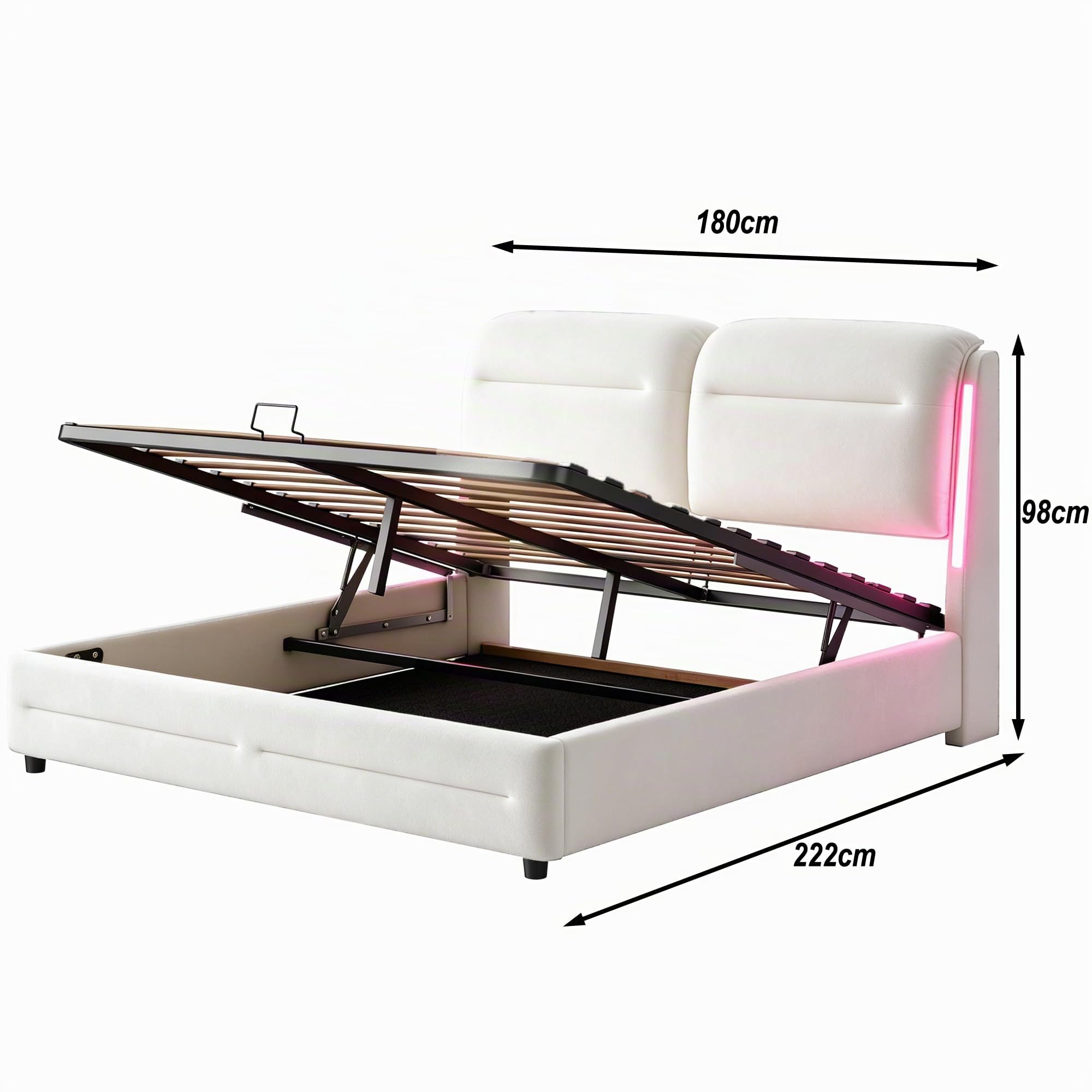 Struttura Letto Matrimoniale con Contenitore, Letto 180x200 con Illuminazione LED, Letto Contenitore Matrimoniale con Testiera Imbottita, Letti Idraulico, Velluto, Beige, Senza materasso