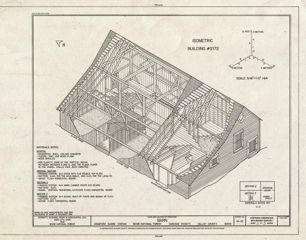Historic Pictoric : Blueprint HABS ID,43-CASC.V,2A- (Sheet 3 of 3) - Crawford Guard Station, Barn, Cascade, Valley County, ID 14in x 11in