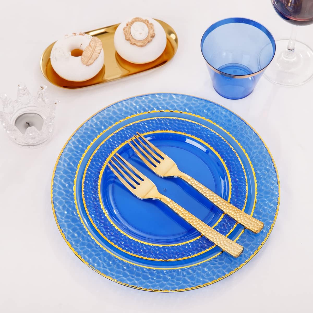 Nervure 150PCS Clear Blue Plastic Plates - Gold Party Plates - Blue and Gold Dinnerware Set Include: 50 Disposable Plate, 25Cups, 25Forks, 25Knives, 25Spoons for Wedding & Party & Hanukkah - Image 7