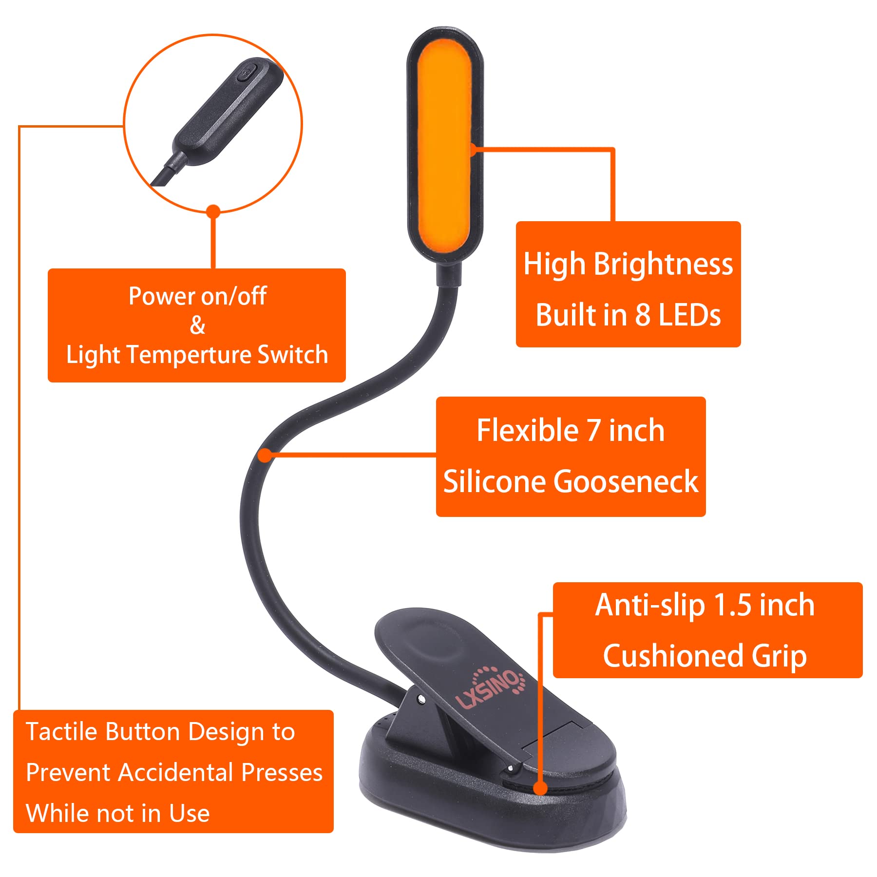 Lampe de lecture rechargeable,Ambre (1600 K) et blanc (6500 K), 3 températures de couleur et 3 niveaux de luminosité,Batterie 1000 mAh jusqu'à 30 heures