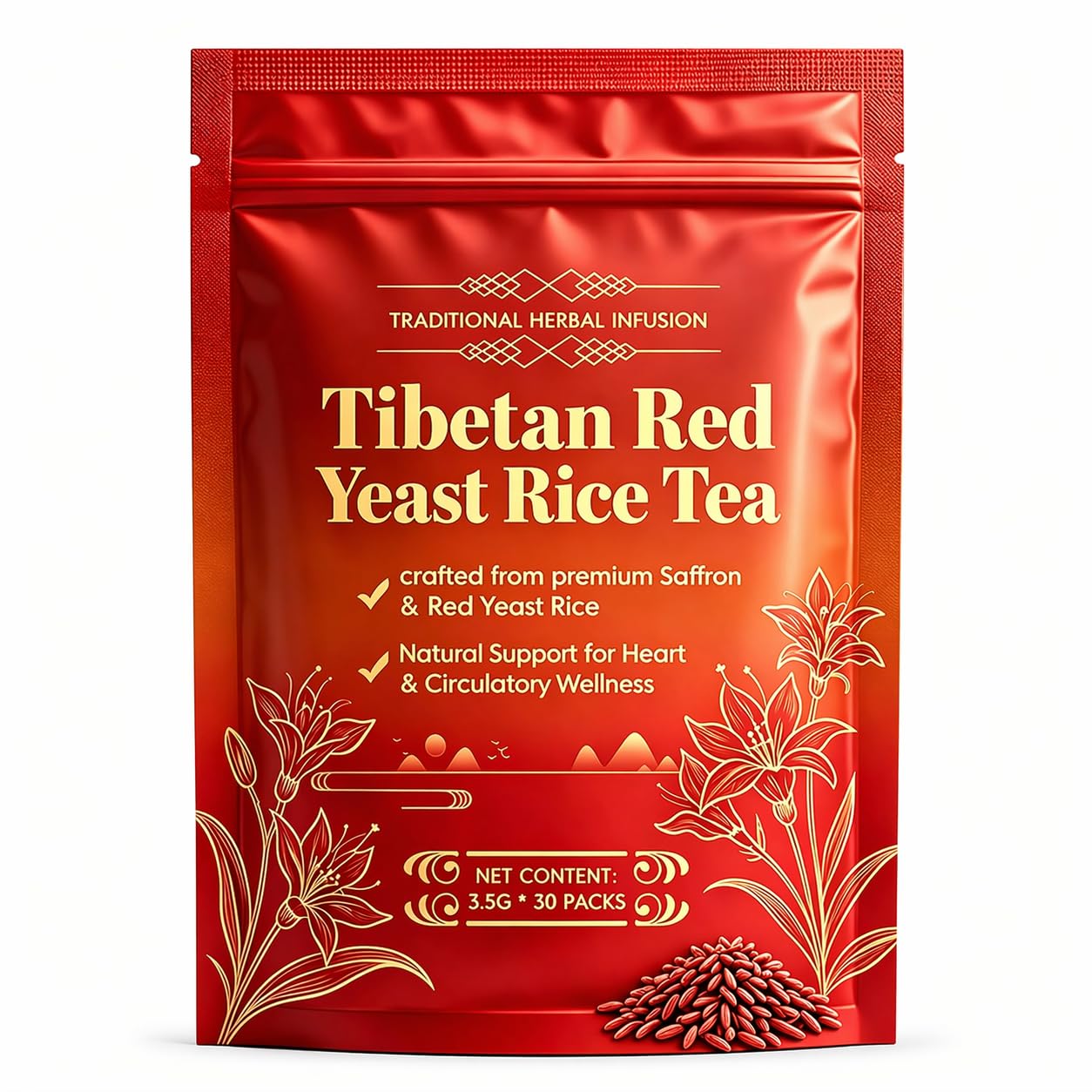 Tibetan Red Yeast Rice Tea Bags, Natural Highland Red Yeast Rice Herbal Tea, Premium Herbal Infusion with 6 Precious Ingredients, Supports Daily Vitality, Caffeine-Free, 30 Tea Bags (1PCS)