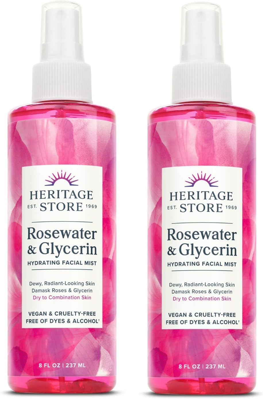Heritage Store Rosewater with Glycerin | 100% Pure Vegan | Benefits Skin, Hair and More | Facial Toner and Moisturizer | Mist Spray, 8 Fl Oz (Pack of 2)