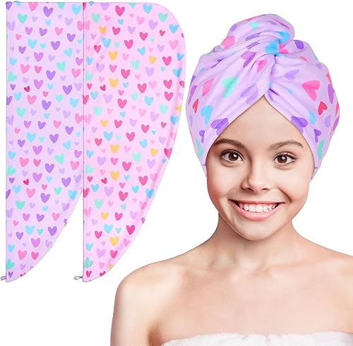 Vista 109 de Basumee Toalla de microfibra para el cabello para niños, paquete de 2 toallas de pelo de secado rápido con turbantes para cabello húmedo, toalla
