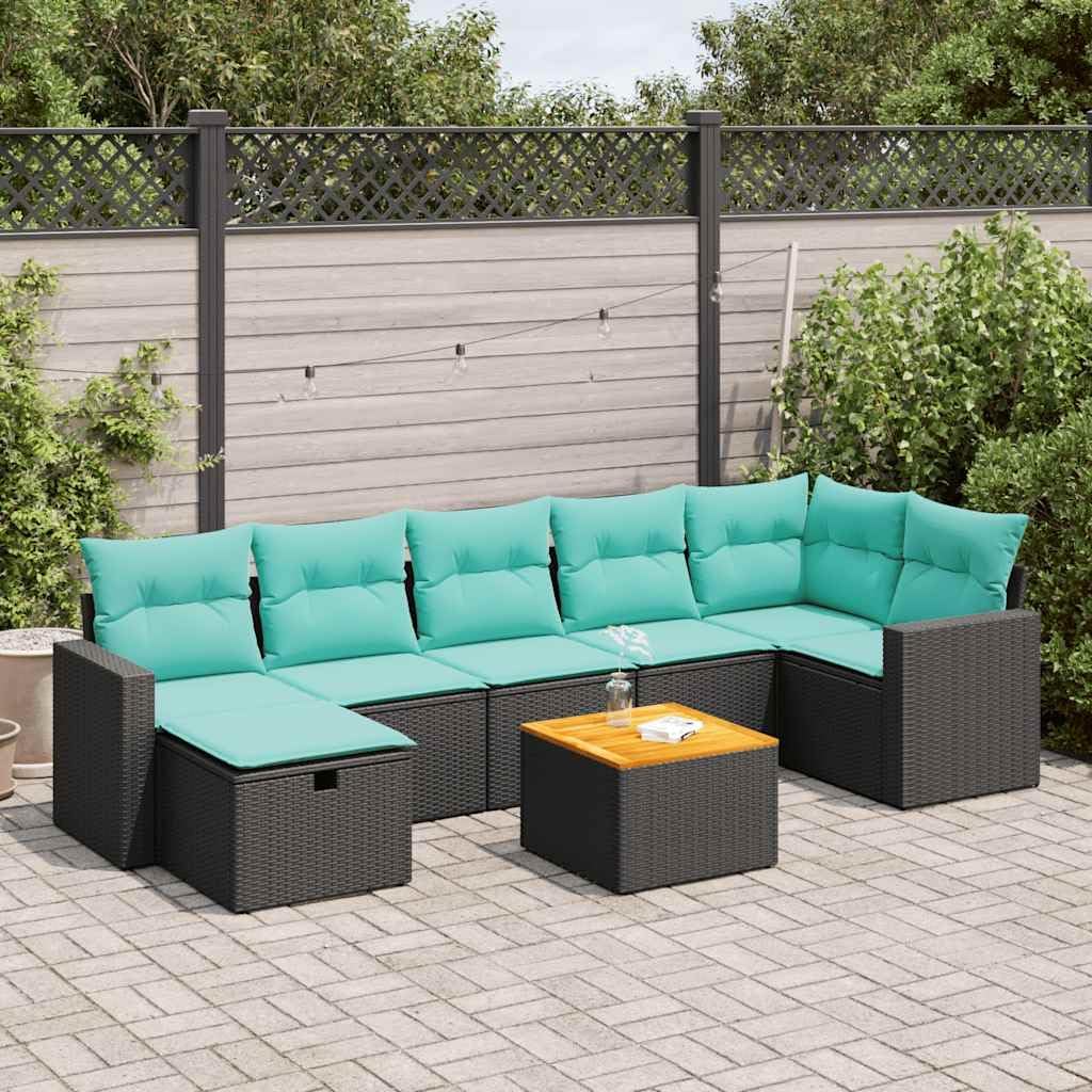 8 Piece Black Poly Rattan Garden Sofa Set with Cushions, Durable Outdoor Furniture for Patio Backyard Terrace, Removable Washable Cover, Storage Function Water-Resistant Bag,