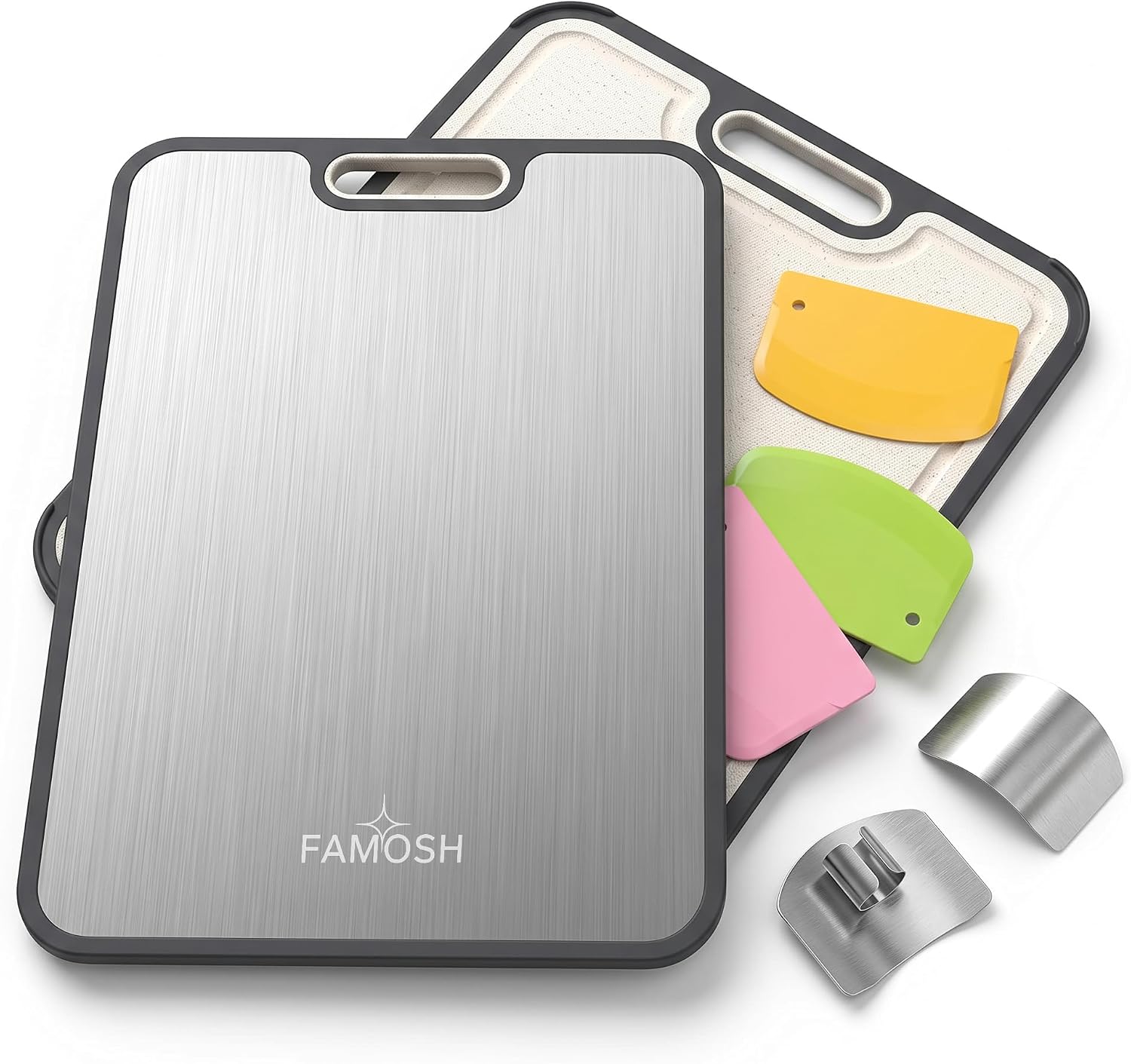 Titanium Cutting Board for Kitchen, Double Sided Non Slip Cutting Boards with Wheat Straw, Chopping Board with Juice Grooves, Meat Scraper and Garlic Grinder, Dishwasher Safe, 15” x 10.4“