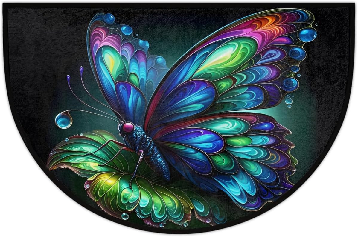 Art Butterfly Green Half Round Door Mat Non-Slip Soft Semi Circle Rug Washable Half Moon Welcome Entrance Doormat for Outdoor Indoor Floor Indoor Bedroom Bathroom Home Kitchen Decor