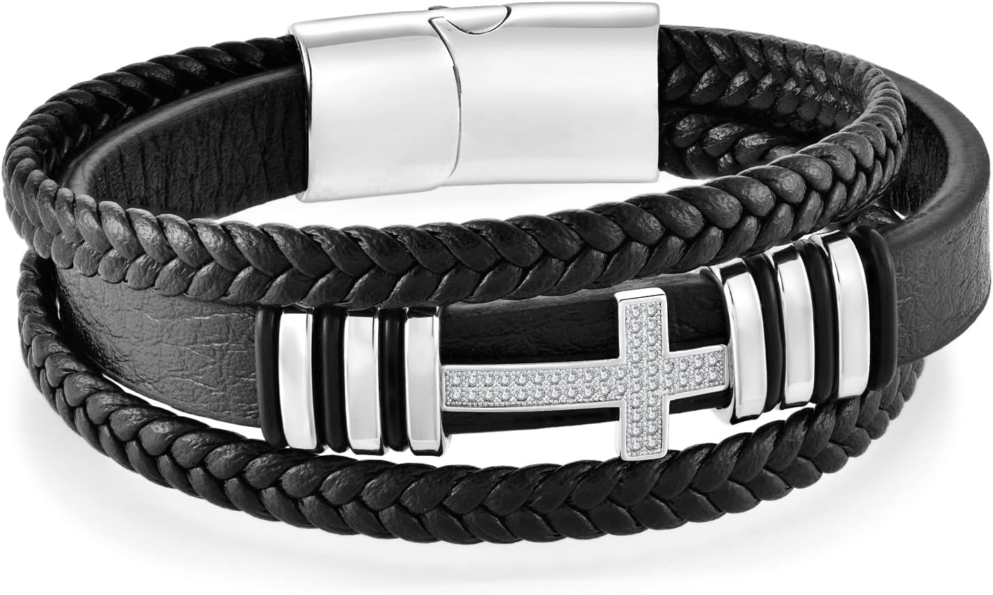 Fahonie Cross Leather Bracelet for Men Women 316L Stainless Steel with 18K Gold Plated Christ Jesus Crucifix Handmade Bracelet,7.5/8/9 Inches - Image 6