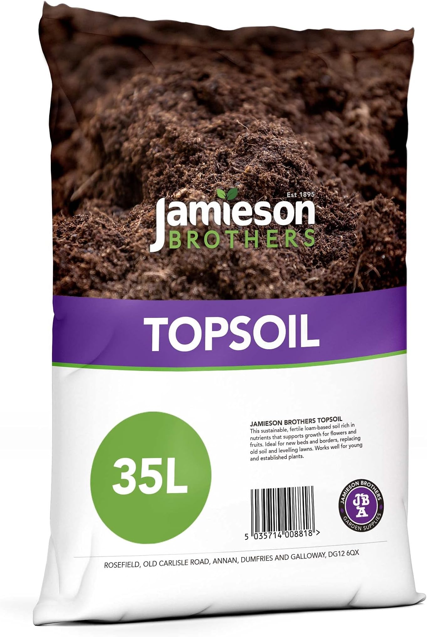 Top Soil 35L Bag - Peat Free Enriched Loam Based Garden Top Soil | Ideal For Lawns, Raised Beds, Borders, Allotments & Levelling - By Jamieson Brothers