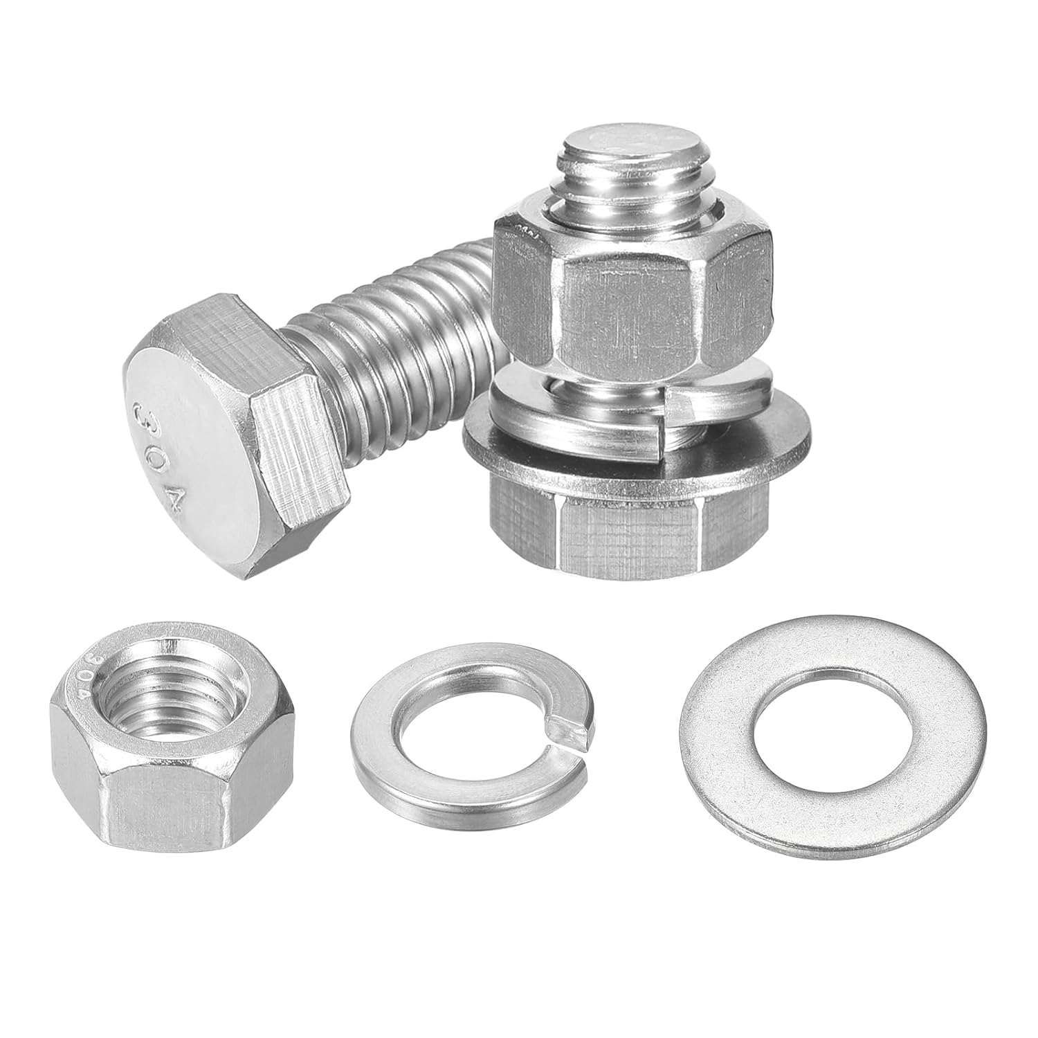 uxcell 20Set Hex Head Screw Bolt, 1/2-13 x 1 304 Stainless Steel Fully Threaded Screw Bolt with Nuts, Flat & Lock Washers, Silver