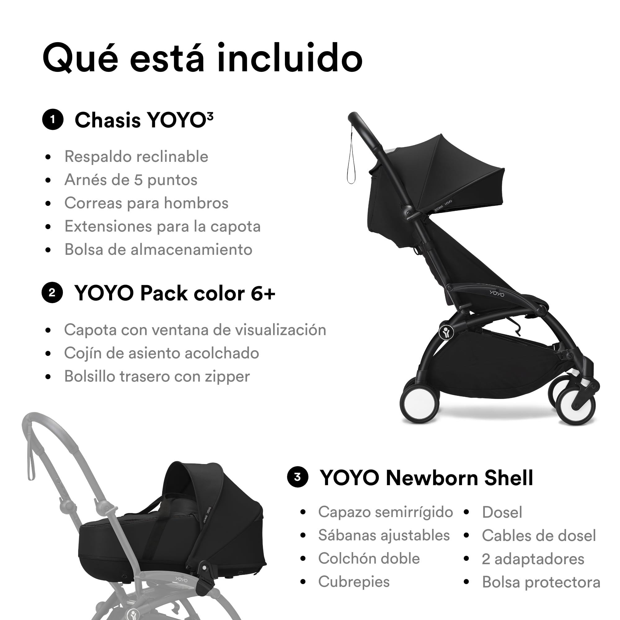 Stokke Cochecito YOYO3 con carcasa para recién nacido, incluye marco negro, paquete de color YOYO 6+ y carcasa para recién nacido