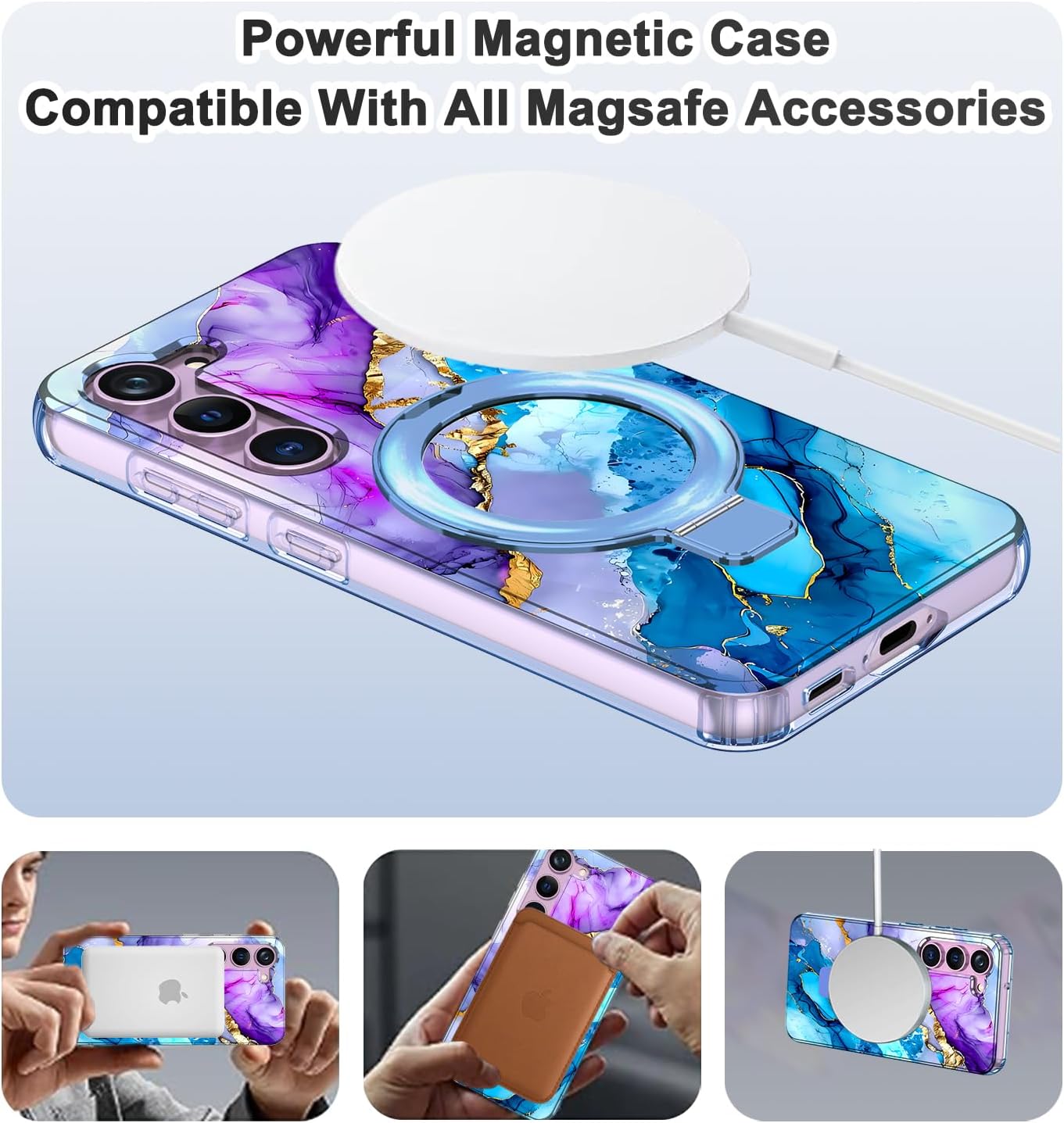 Magnetic for Samsung Galaxy S23 Case with Invisible Ring Stand [Compatible with MagSafe], Full Body Rugged Slim Women Men Girl Shockproof Marble Pattern Design Case,Purple/Blue