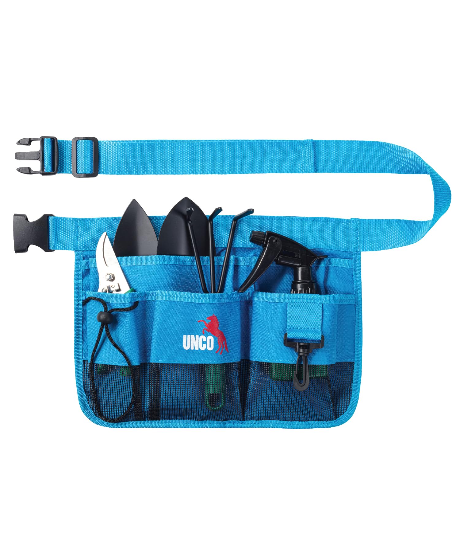 UNCO- Adjustable Gardening Belt, Blue, 5 Pockets, Wear, Cut and Water Resistant, Garden Tool Belt Pouch, Waist Apron with Pockets