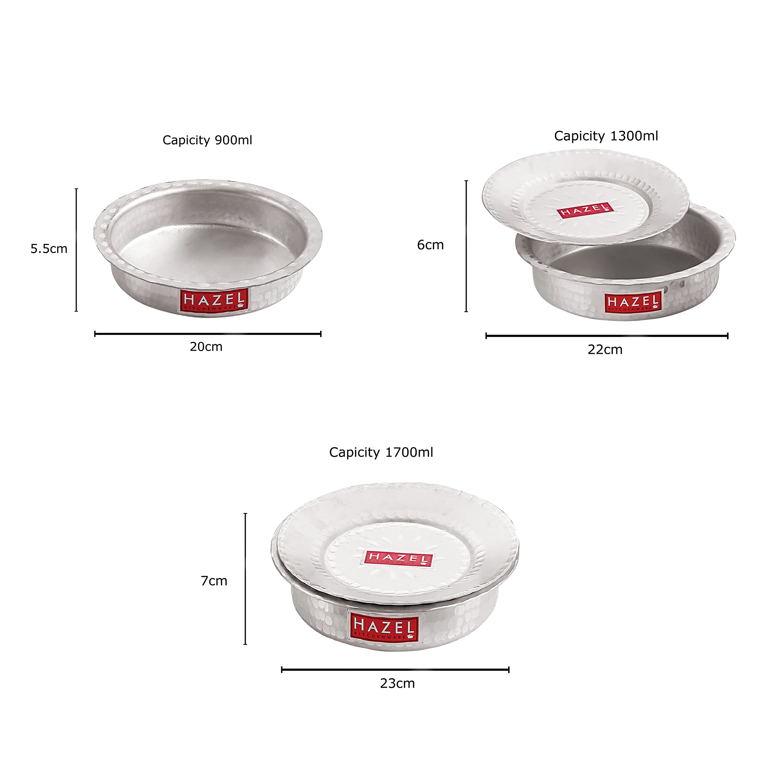 HAZEL Aluminium Langdi Patila Pot with Lid Hammered Finish Round Bottom Boiling Tope Vessels Bhagona Dekchi (3, 900 ML, 1300 ML, 1700 ML) - Image 4 thumbnail