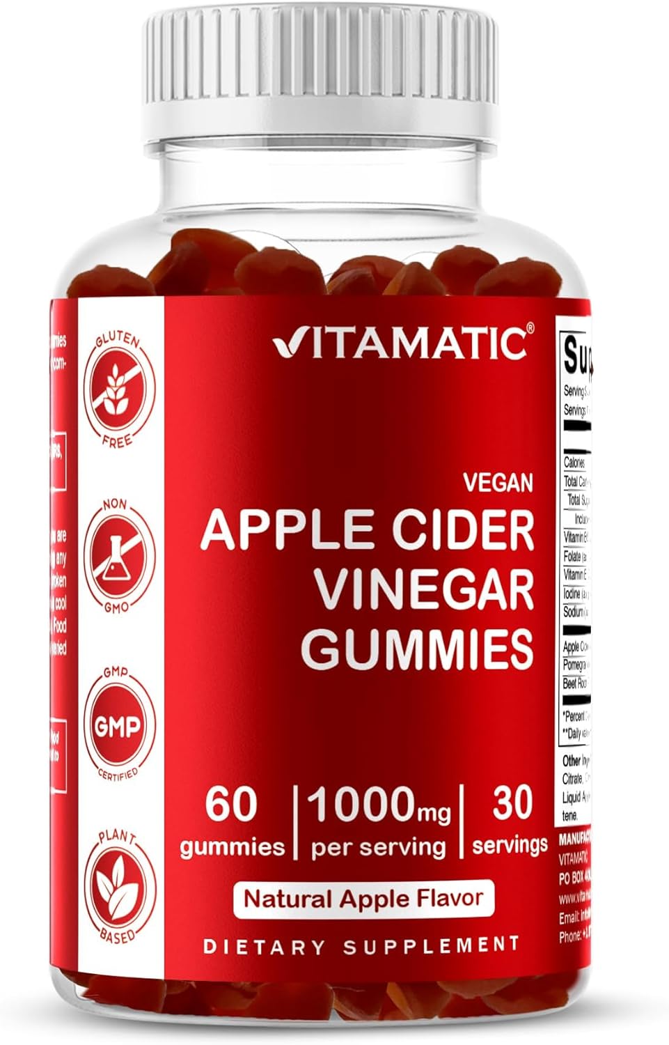 Vitamatic Apple Cider Vinegar Gummies - 1000mg per Serving - 60 Vegan Gummies - ACV Gummies for Detox, Weight Loss Support, Energy Boost, Digestion & Gut Health