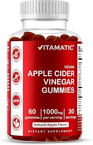 Vitamatic Gomitas de vinagre de sidra de manzana, 1000 mg por porción, 60 gomitas veganas, gomitas ACV para desintoxicación, apoyo para la pérdida