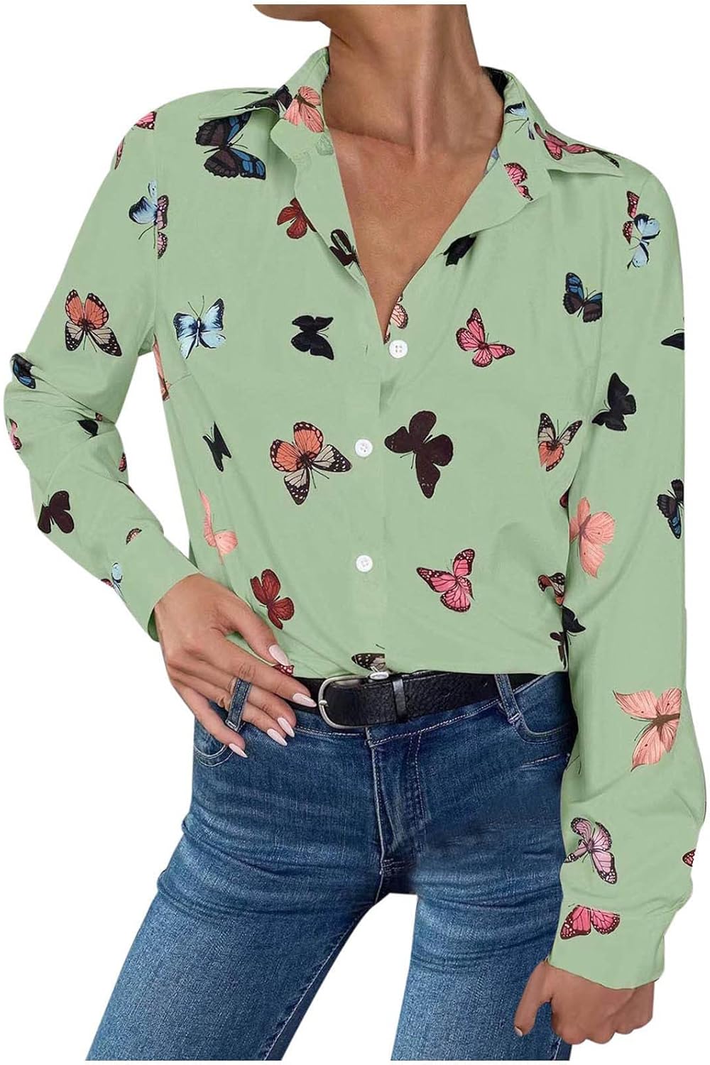 Button Down Shirts for Women Lapel V Neck Buttlefly Printed Trendy Shirts Long Sleeve Casual Collared Blouses Tees Tops