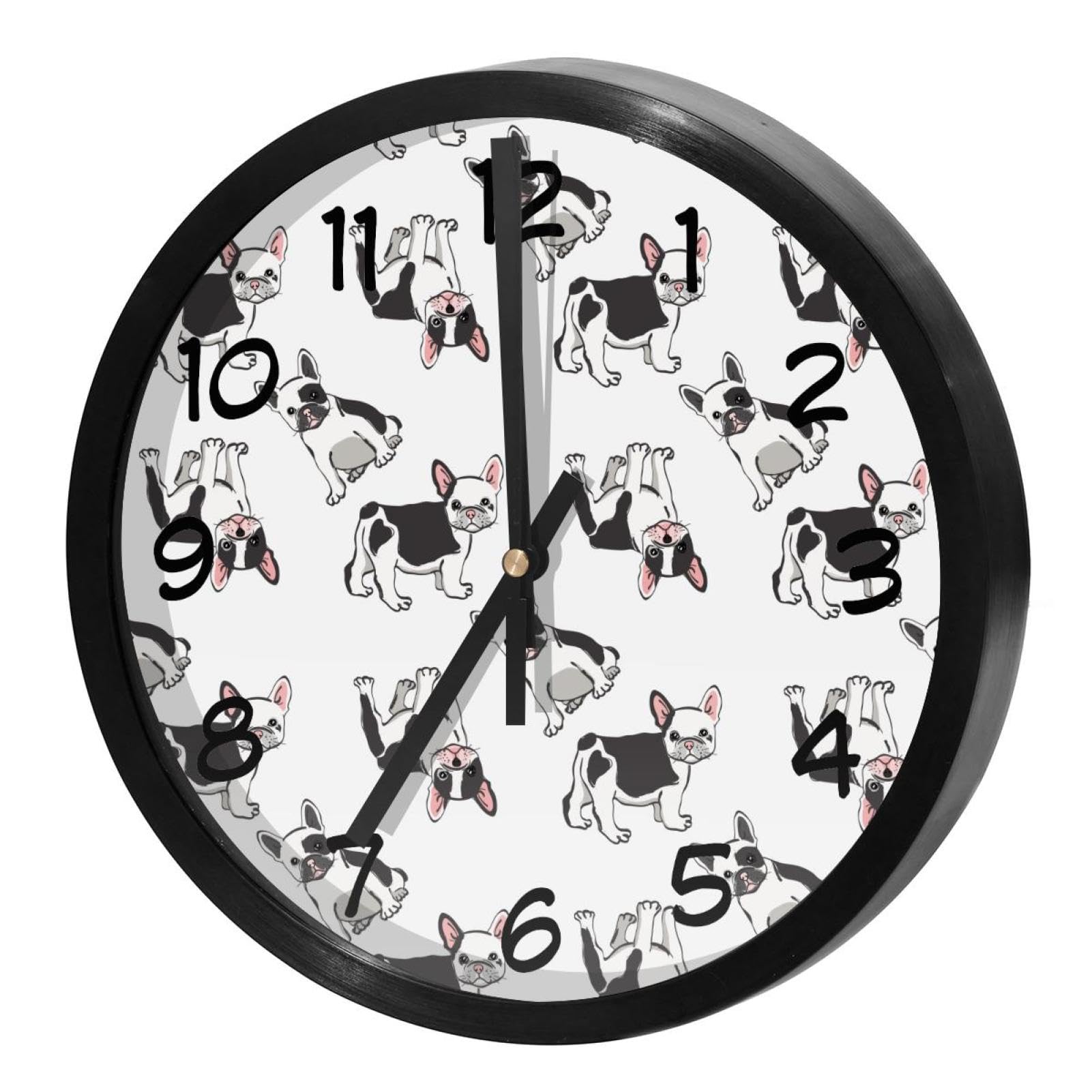 Horloge murale silencieuse à quartz motif bouledogue français pour décoration maison