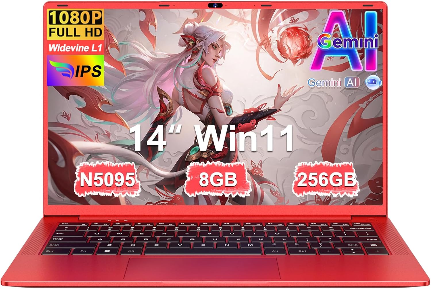 Ordenador Portátil 14 Pulgadas Celeron N5095 Upto 2,9 GHz Portatiles 8GB RAM 256GB SSD TF 1TB LPDDR4 Win11 5G WiFi 1920*1080 FHD mini HDMl Laptop Película Protectora Español - Rojo Cuerpo Metálico59