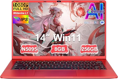 Ordenador Portátil 14 Pulgadas Celeron N5095 Upto 2,9 GHz Portatiles 8GB RAM 256GB SSD TF 1TB LPDDR4 Win11 5G WiFi 1920*1080 FHD mini HDMl Laptop Película Protectora Español - Rojo Cuerpo Metálico59