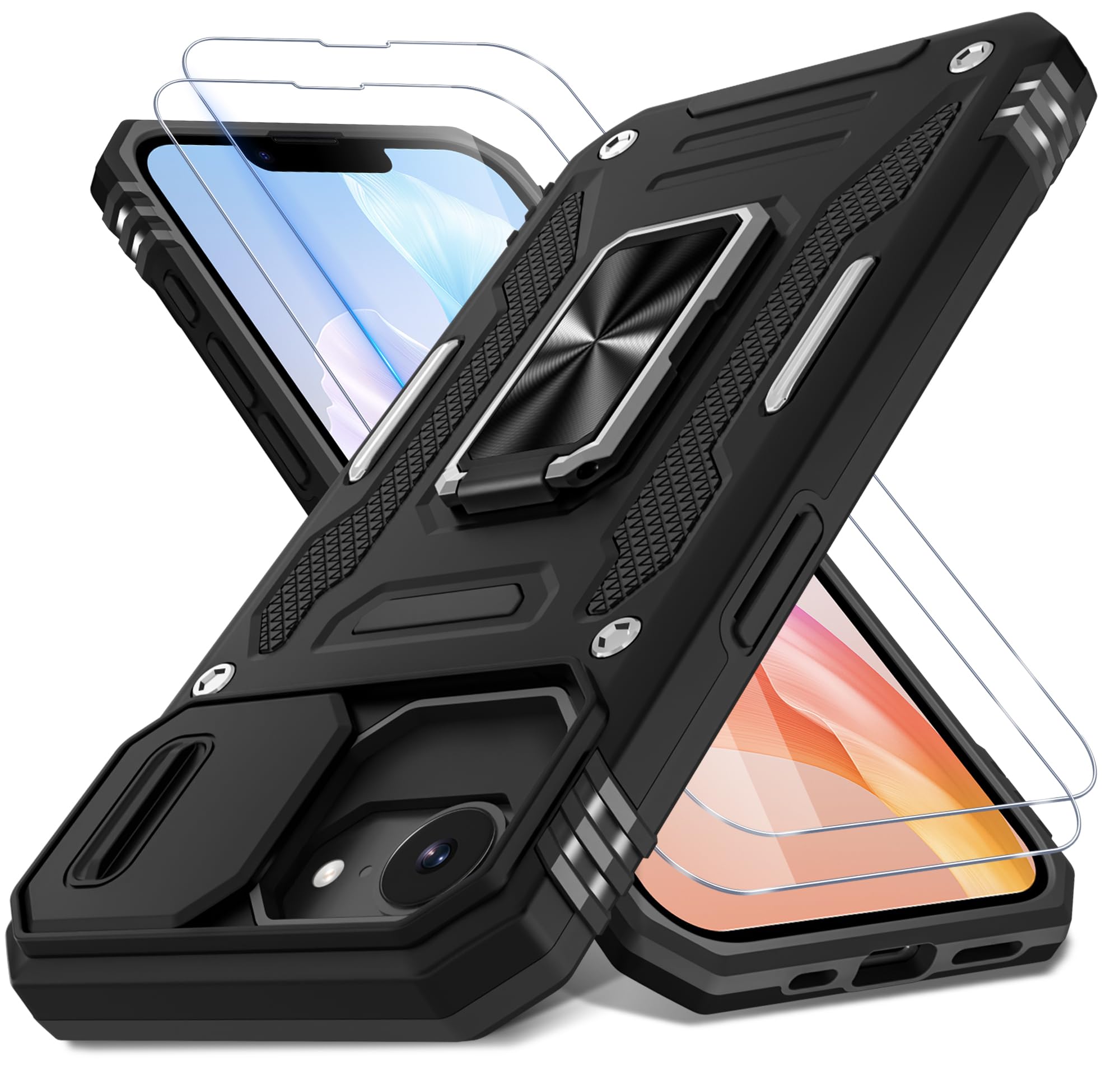 DEERLAMN Case for iPhone 16E with Slide Camera Cover+Screen Protector (2 Packs), Rotated Ring Kickstand Military Grade Shockproof Protective Cover for iPhone SE4 2025-Black