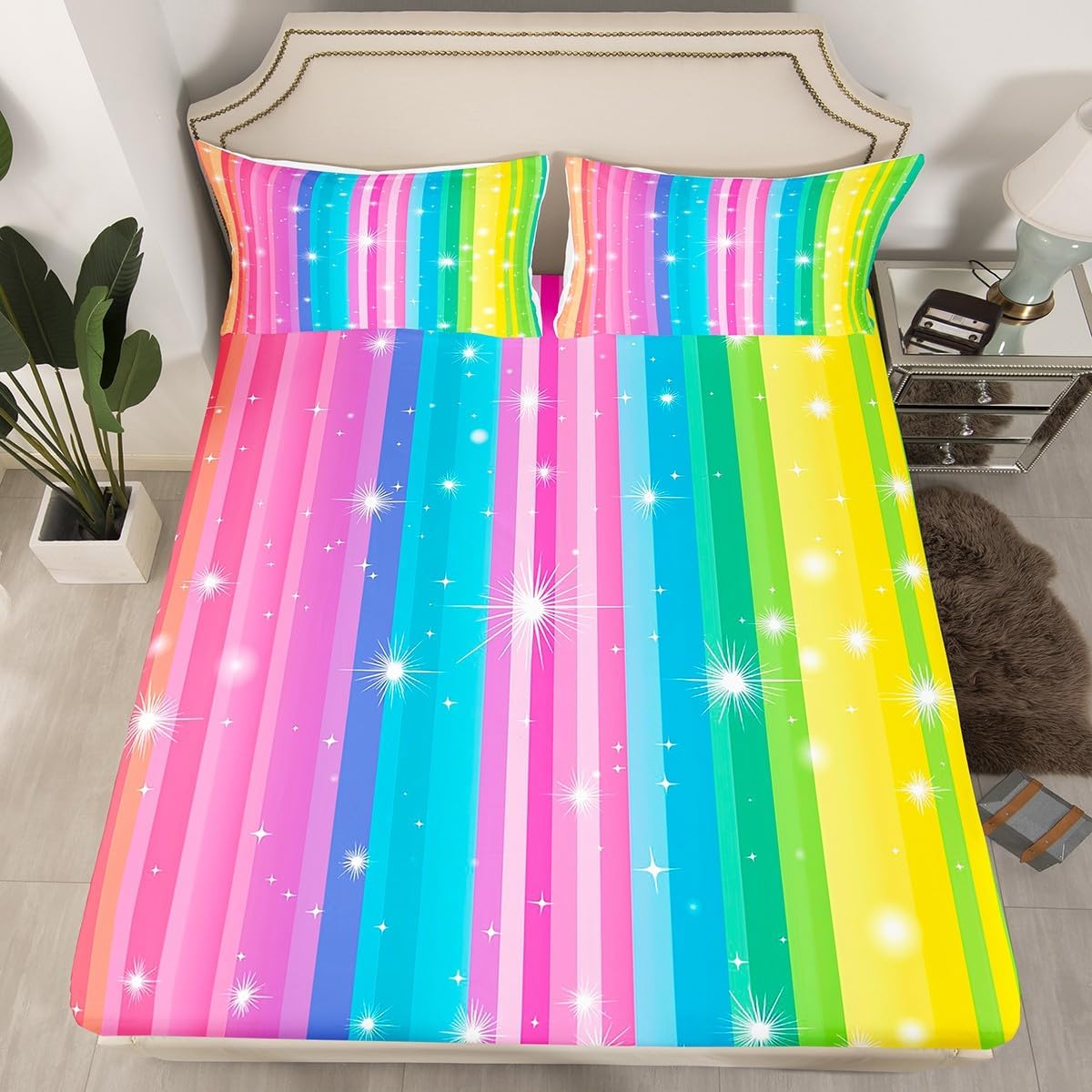 Erosebridal Art Home Decor Bedding Set Full Size, Rainbow Gradual Change Pattern Fitted Sheet, Colorful Glitter Bed Cover, Iridescent Fitted Sheet Trippy Fitted Sheet