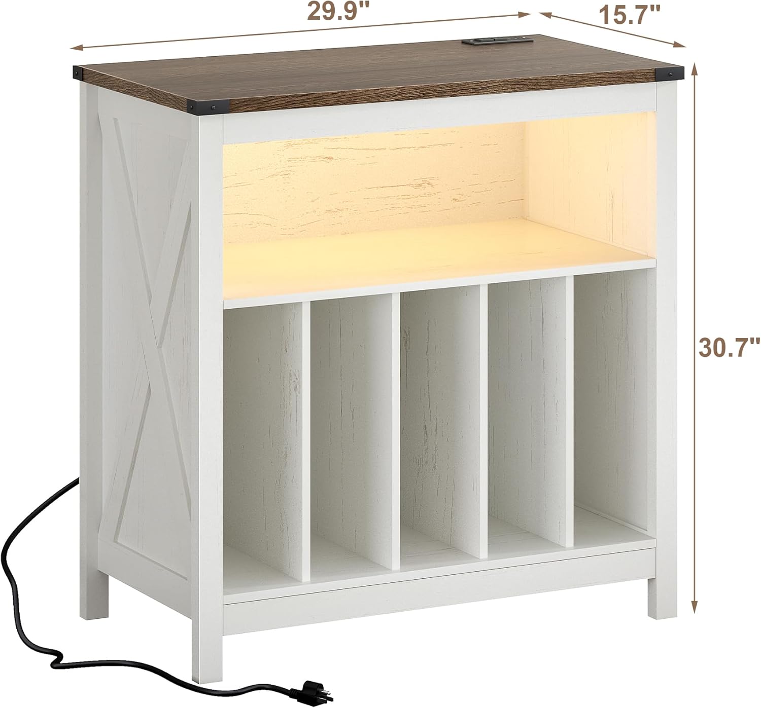 Diagram showing the dimensions of the ChooChoo Record Player Stand: 29.9 inches wide, 15.7 inches deep, and 30.7 inches high.