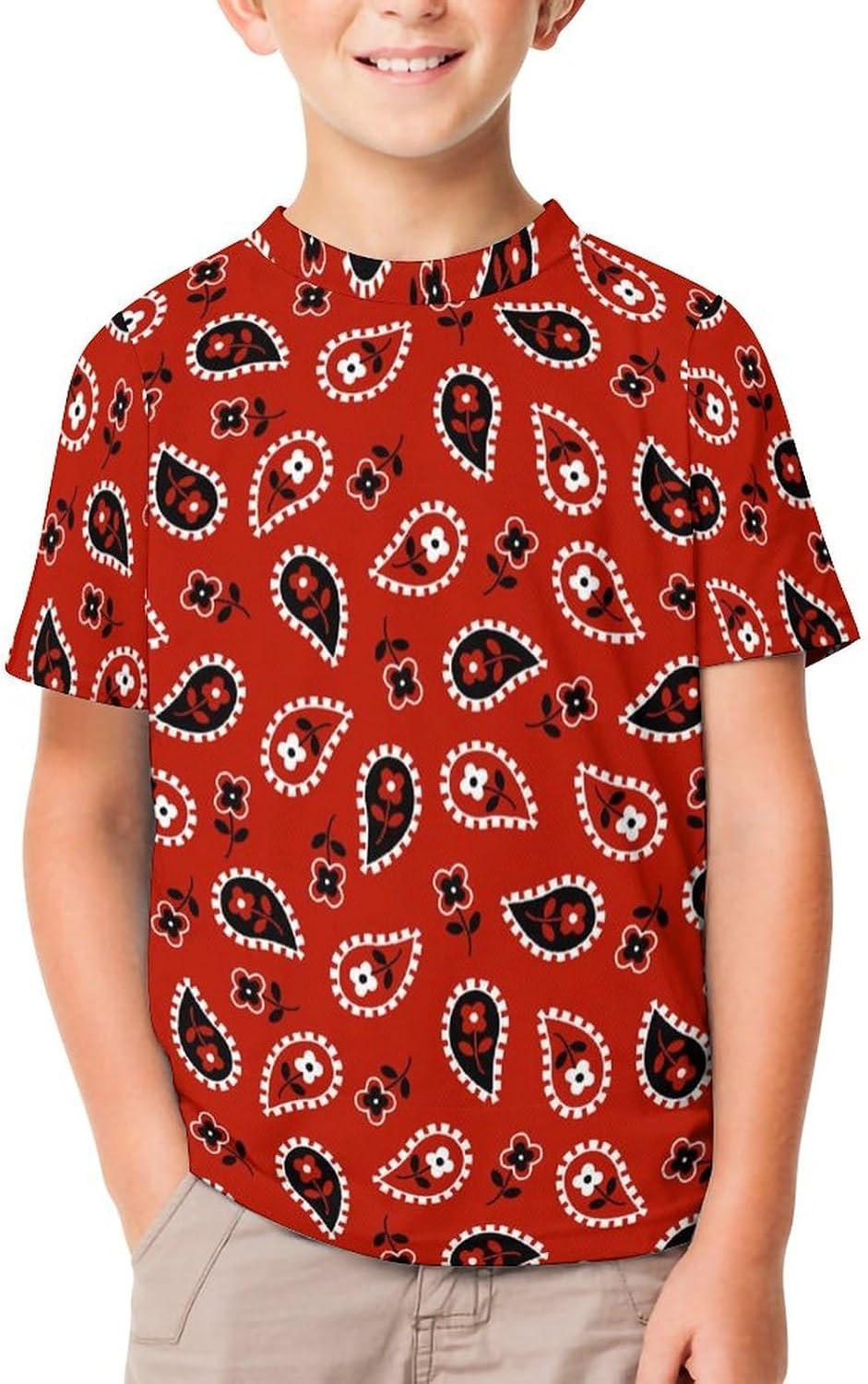 Red Paisley Bandana T Shirt for Boy Girl Top Short Sleeve T-Shirt Graphic Tee