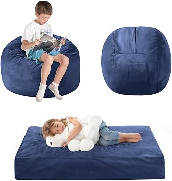 Kids Bean Bag Chair Bed - Convertible Lazy Chair to Floor Mattress with Filler - Small Beanbag Chair for Boys and Girls - Navy