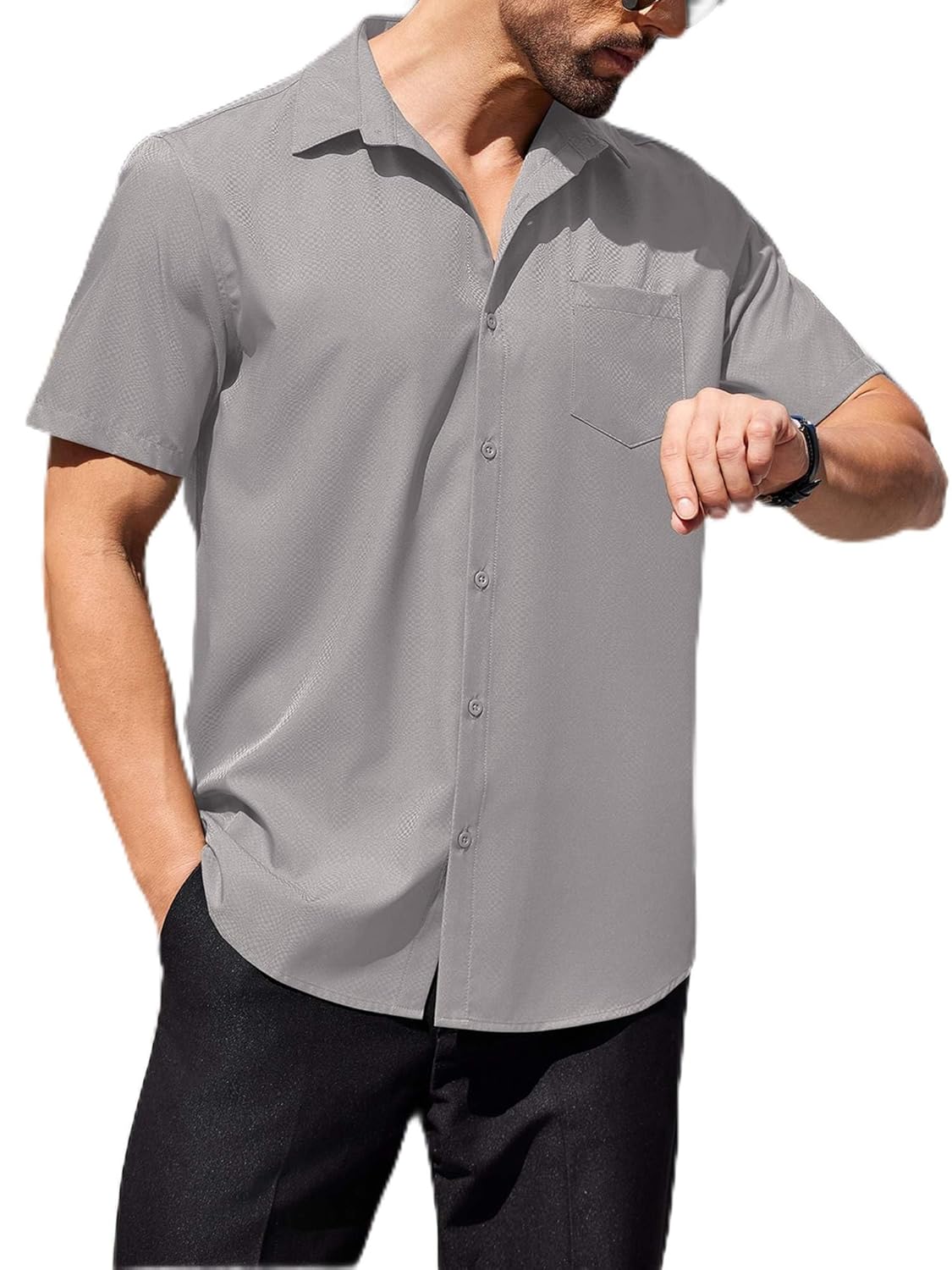 Camisa social masculina de manga curta, sem rugas, ajuste regular, texturizada, casual, abotoada