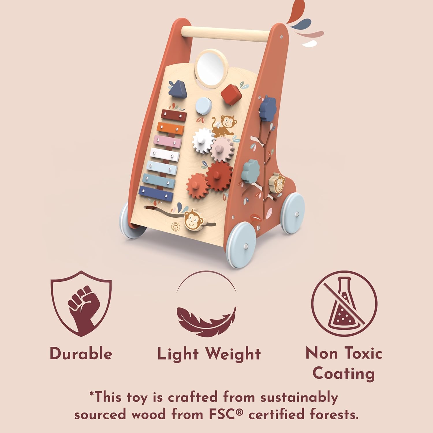 SPEEDY MONKEY Multi-Activity Wooden Baby Walker | 9-in-1 Toddler Toy Includes Shape Sorter, Bead Maze, Xylophone, Blocks & More | Learning Toy for Fine Motor Skill, Early Development & Balance