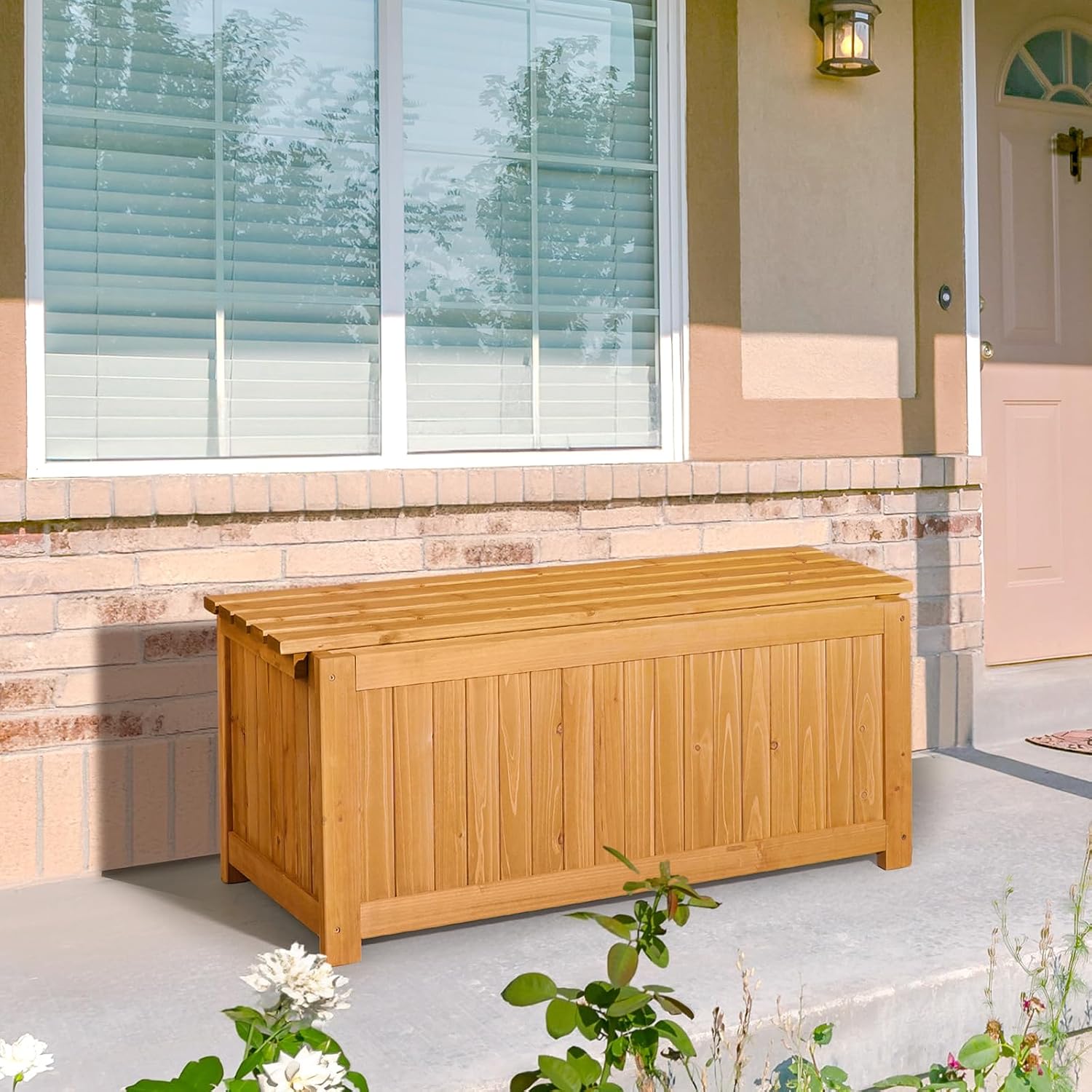 VINGLI Outdoor Wood Bench with Planter Boxes, 2-in-1 All-Weather Porch Bench Seat ＆ Open-Ended Wooden Raised Garden Bed, for Balcony Yard Patio (Rectangle)