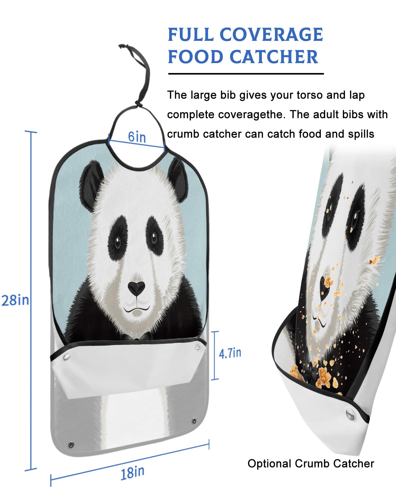 YOUNGKIDS Cute Panda Adult Bibs for Eating, Waterproof Washable Adult Bib for Elderly Women Man, Black White Reusable Clothing Protector with Detachable Crumb Catcher - Unisex