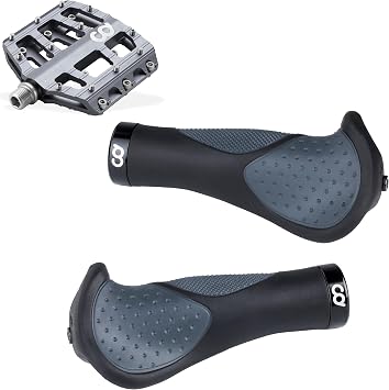 CyclingDeal BMX/MTB Pedals Grey and Classic Grips - Bundle