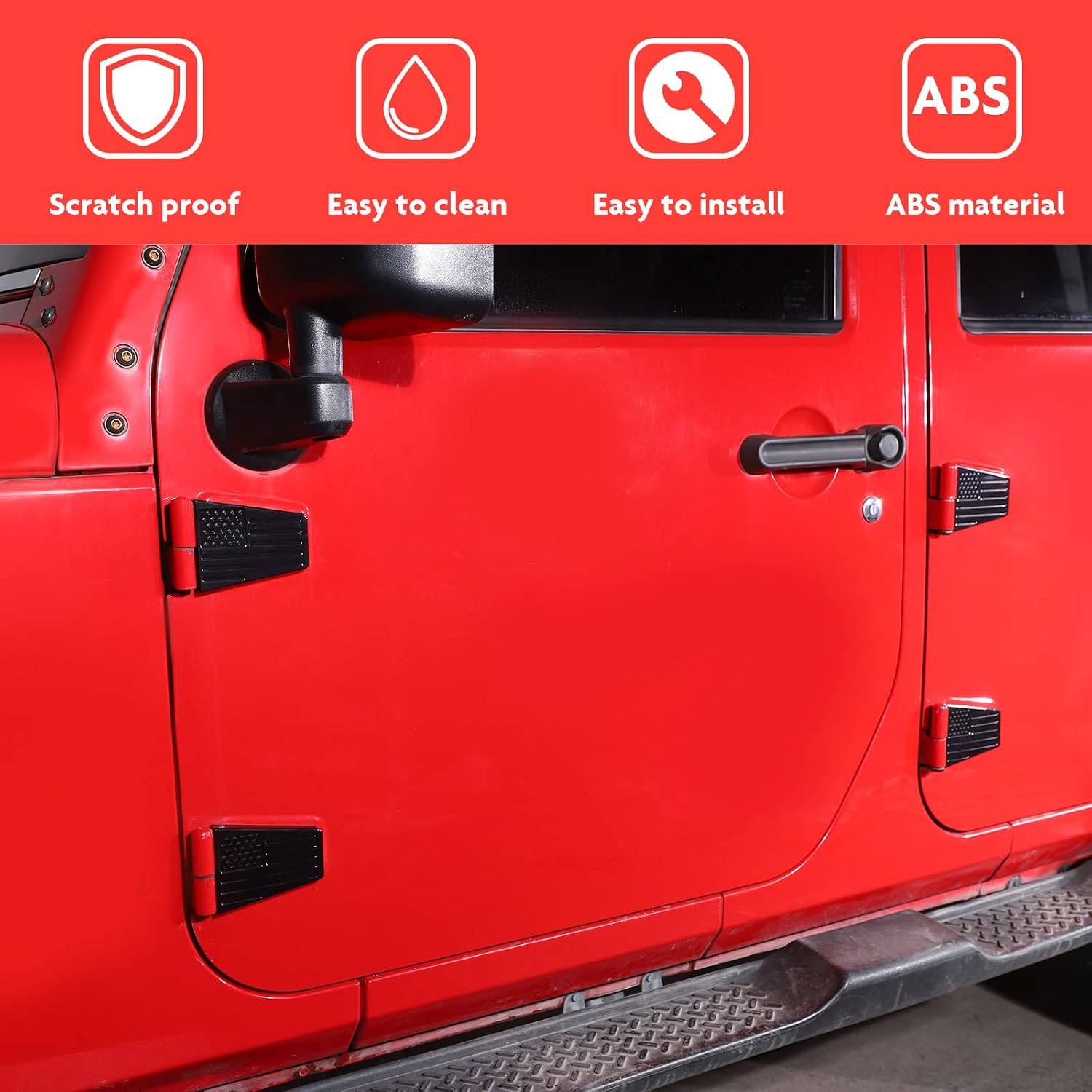 Jimen Compatible with Jeep Wrangler JK & Unlimited 2007-2018, 8PCS American Flag Door Hinge Cover Trim Exterior Accessories (4 Door, Black)