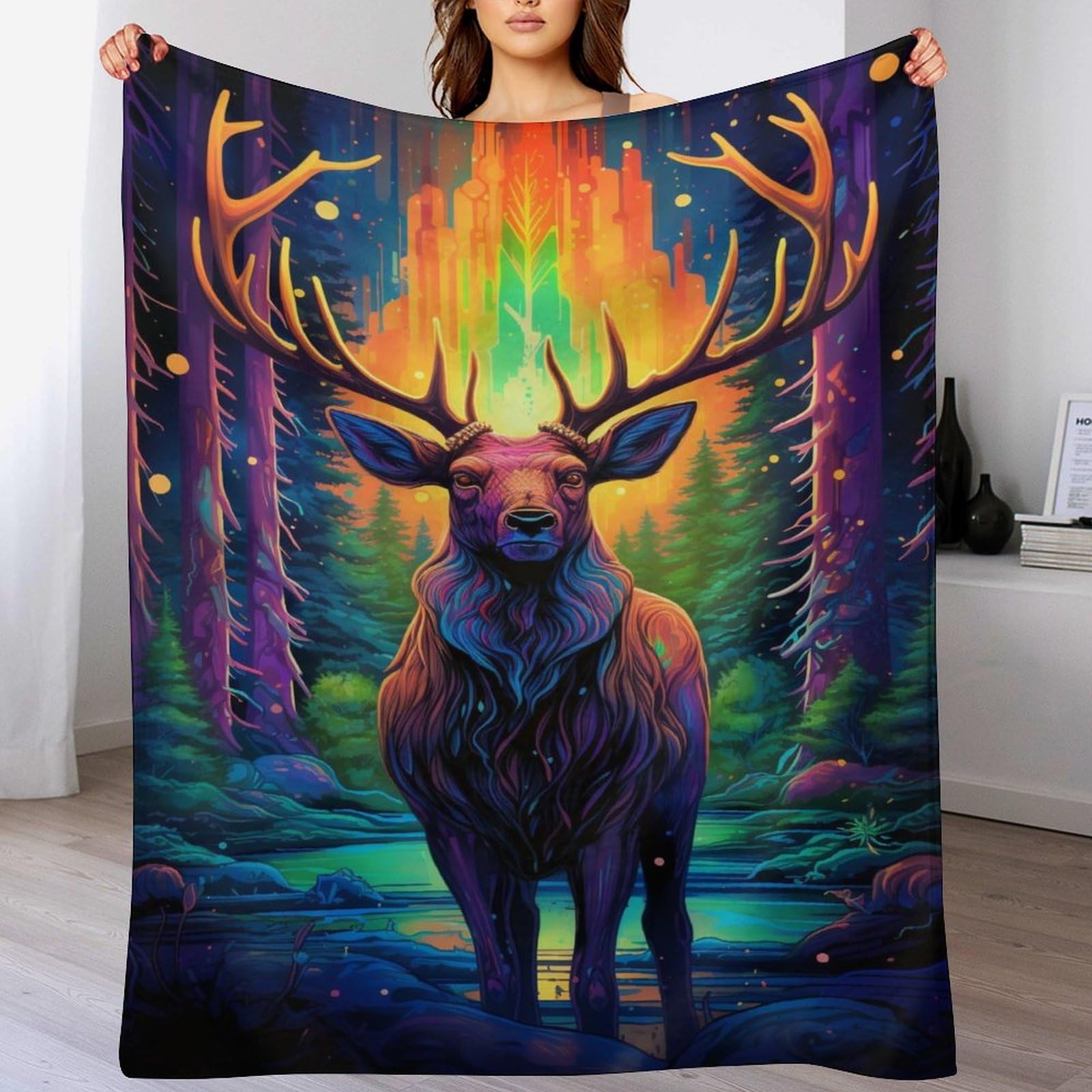 Couverture polaire cerf 150x200 cm en flannel douillette pour canapé et chambre