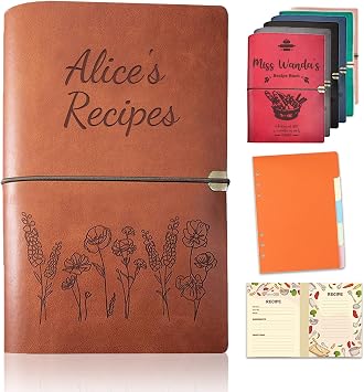 Handmade Leather Recipe Book, Personalized Engraving Name Journal Notebook, Custom Family Cookbooks, Anniversary|Birthday|Thanksgiving|Christmas|Mothers Day Gift for Wife, Mom, Grandma, Sister