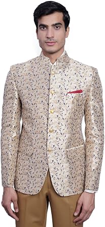 WINTAGE Mens Banarasi Rayon Cotton Festive and Casual Bandhgala Jodhpuri Blazer Beige1