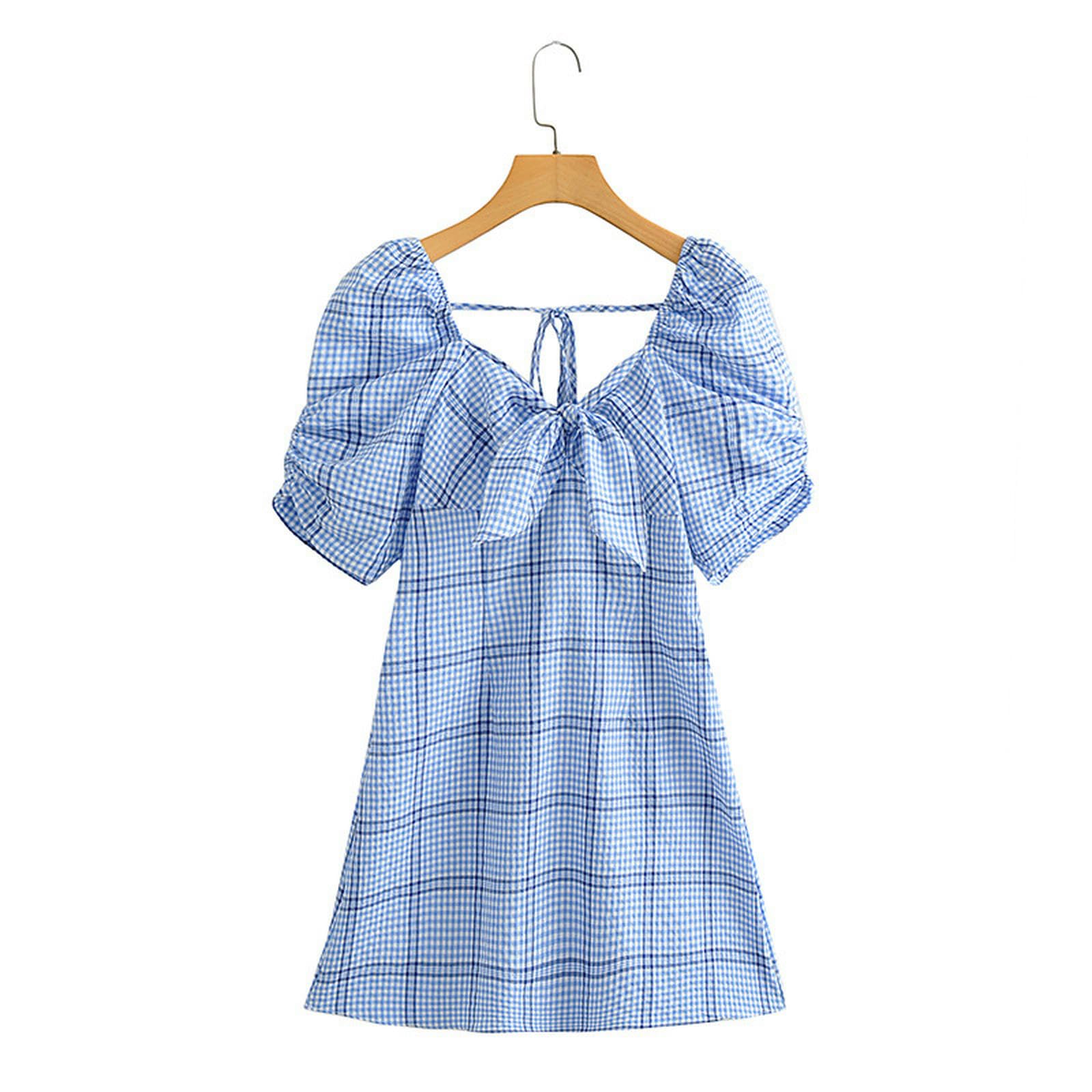 Robe d'été bleue à manches bouffantes et col carré pour femme en taille L