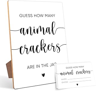 Guess How Many Animal Crackers,Bridal Shower Games,Bridal Shower Decorations,Baby Shower Games,Birthday Party Decorations,1 Wooden Play Sign with Stand and 50 Guess Cards Set