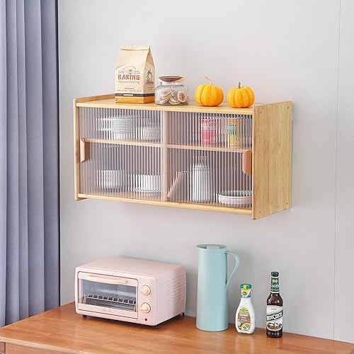 Miniatura 5 de Tiita Armario pequeño de despensa de cocina, aparador de pared de bambú con puertas de vidrio, armario de despensa de alimentos para cocina, sala de