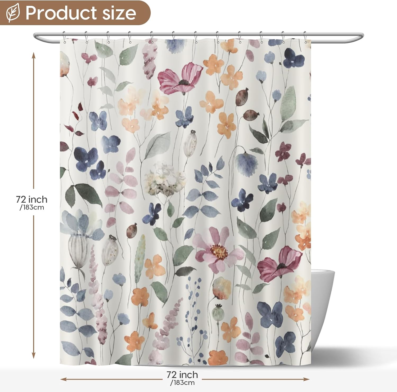 Amaredom Ink Floral Shower Curtain with 12 Metal Hooks, 72x72 Inches