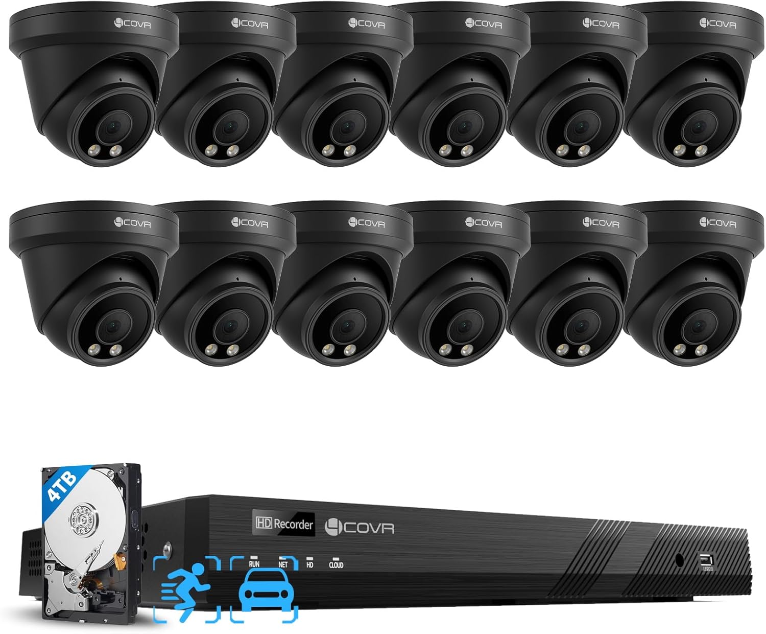4COVR 16 Channel Security Camera System 4K, AI Human/Vehicle Detection, 8MP NVR 4TB HDD, 12Pcs 8MP Wired Commercial Dome IP PoE Camera IP67 Night Vision, Business Surveillance Outdoor, LY97AB8M1612