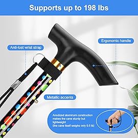 supregear Folding Cane, 5-Level Adjustable Height Walking Stick Lightweight Collapsible Portable Travel Cane with Wrist Strap and T Handle for Elderly Disabled Men Women, Black Polka Dots