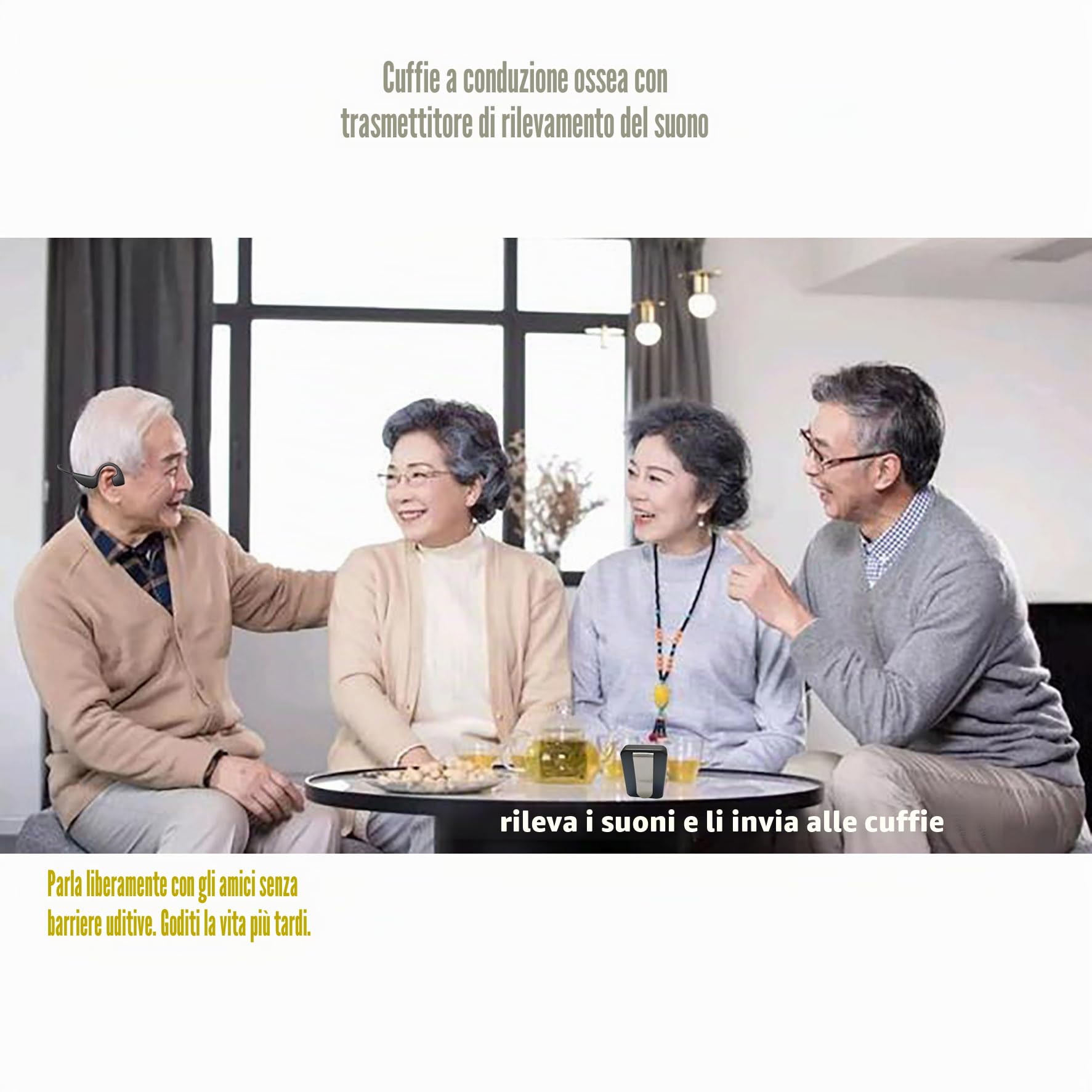Cuffie wireless a conduzione ossea con microfono per ascolto TV e perdita dell'udito, ideali per anziani e anziani