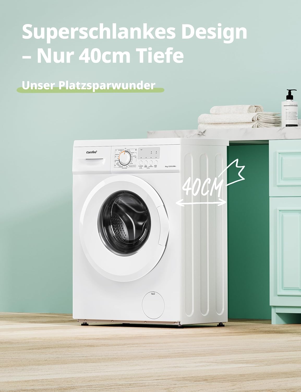 پاسي view ڪامفي CFEW60-124 واشنگ مشين جو نمونو جيڪو ان جي پتلي 40 سينٽي ميٽر کوٽائي کي نمايان ڪري ٿو.