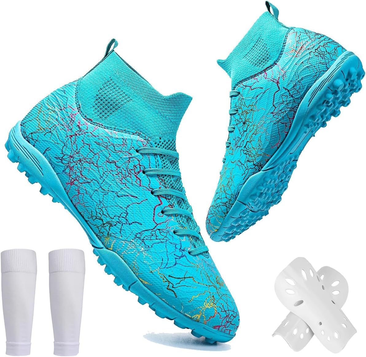 Unisex High Top Soccer Cleats for Kids Teens Adults Sneakers Durable Leather Upper for Artificial Turf,for Training Family Football Boots with Socks and Guards