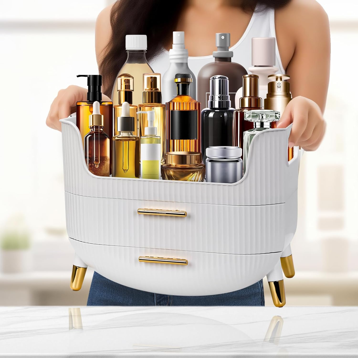 Makeup Organizer with Drawers,Skincare Plastic Storage for Vanity,Large Cosmetic Display case for Dresser with Handle,Large Capacity Bathroom Countertop